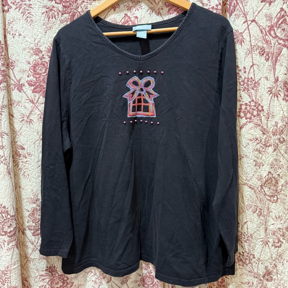 Liz & Me Black Long Sleeve Christmas Gift Embellished Top Women’s 1X